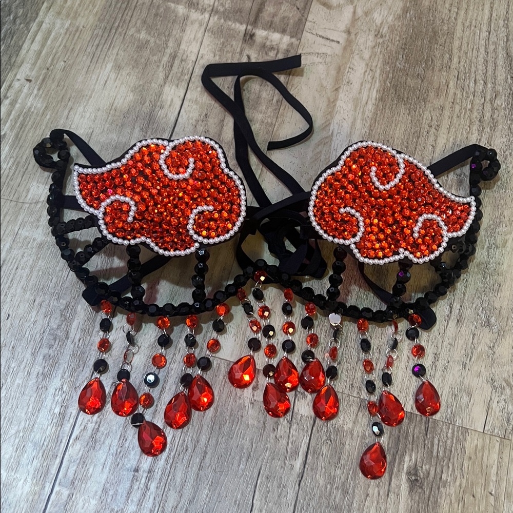 IHeart Raves Naruto Red and Black Beaded Bra with Gem Accents